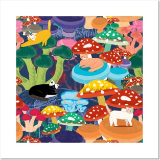 Cats in Mushroom Forest Posters and Art